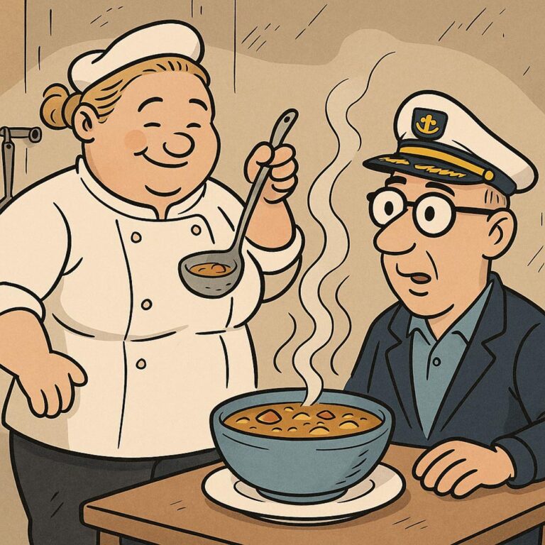 Comiczeichnung von Tamara Richter aus Verrückt nach Meer, wie sie in der Bordküche eine Seemannssuppe für Torpedo Tom kocht. Szene mit Humor und Herz.